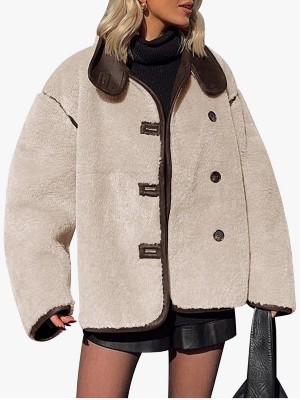 Faux Shearling Jacket Women’s Medium Beige Brown Trim Button Down NWT - Picture 2 of 9